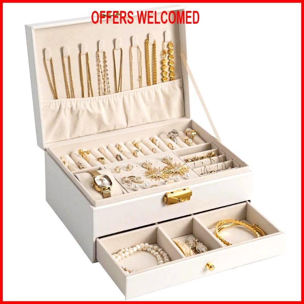 Large PU Leather Jewelry Organizer with Two Layers Display Case